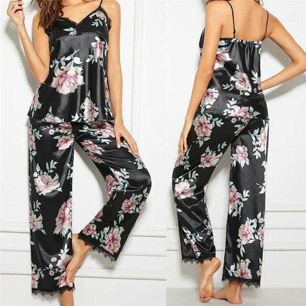 New Women Summer Floral Lace Silk Pajama Sets Strappy Cami Top+Loose Long Pants Lady Breathable Pajama Sets Nightgowns Sleepwear