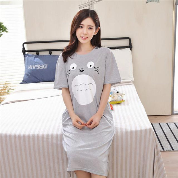 Women Long Cotton Nightgown Summer Cartoon Stripe Sleepwear Nightdress Lounge Wear Night Dress Home Sleepshirt Nighty Sleepshirt