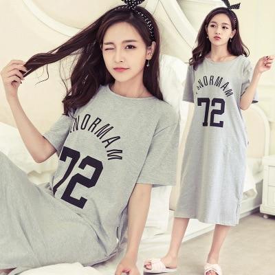 Women Long Cotton Nightgown Summer Cartoon Stripe Sleepwear Nightdress Lounge Wear Night Dress Home Sleepshirt Nighty Sleepshirt