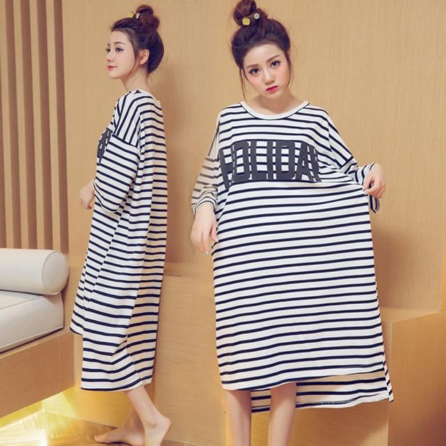 Women Long Cotton Nightgown Summer Cartoon Stripe Sleepwear Nightdress Lounge Wear Night Dress Home Sleepshirt Nighty Sleepshirt