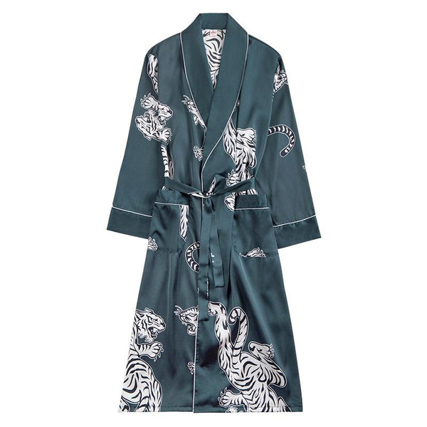 Chinese Men Satin Robe Casual Kimono Bath Gown Sleepwear Nightgown Rayon Long Sleeve Print Tiger Home Dress Sleep Wear Pajamas