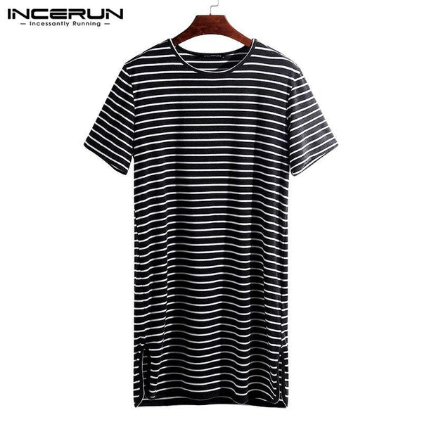 Chic Men Pajama Summer Dress Male Fashion Lounge Stripe Baggy Short Sleeve Sleepwear Nightshirt Underwear Homewear