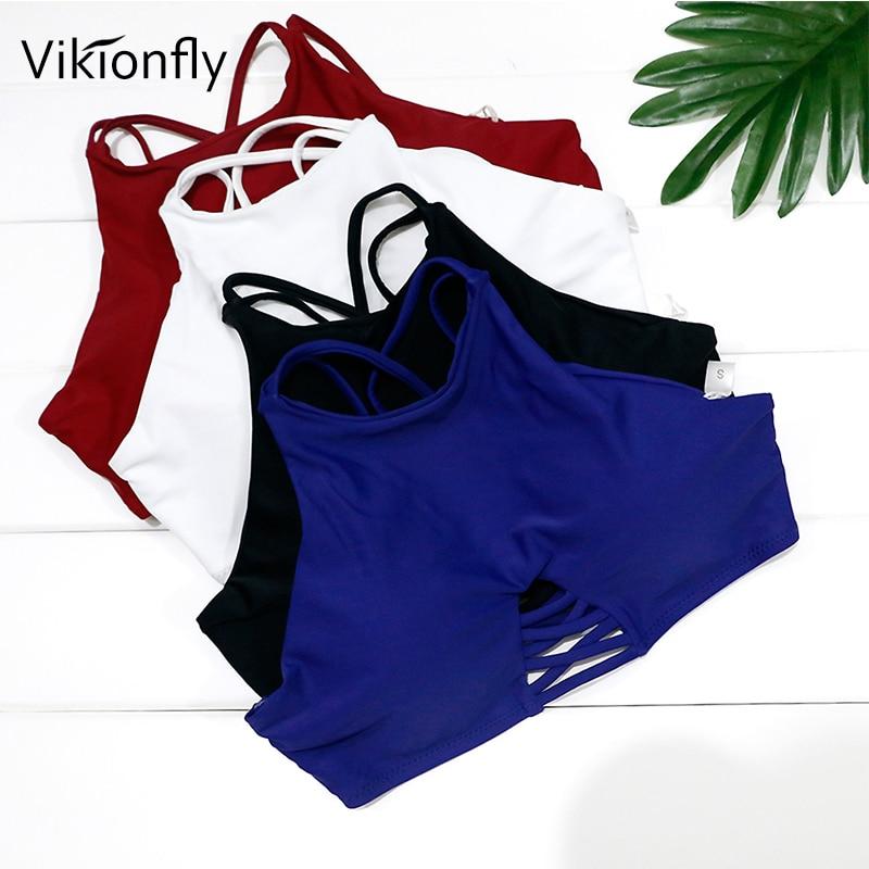 Vikionfly 10Color Bikini Top High Neck Swimwear Tops Women 2019 Cut Out Padded Swimsuit Swimming Bra Back Cross Bathing Suit