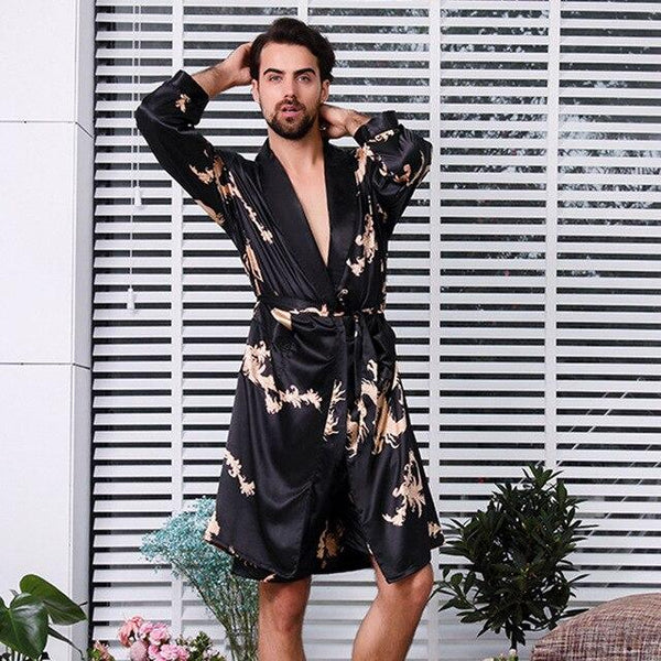 Men's Silk Bathrobe and Shorts Big Size 5XL Long-sleeved Robes Men Satin Sleepwear Nightgown Print Dragons Black Pyjama Homme