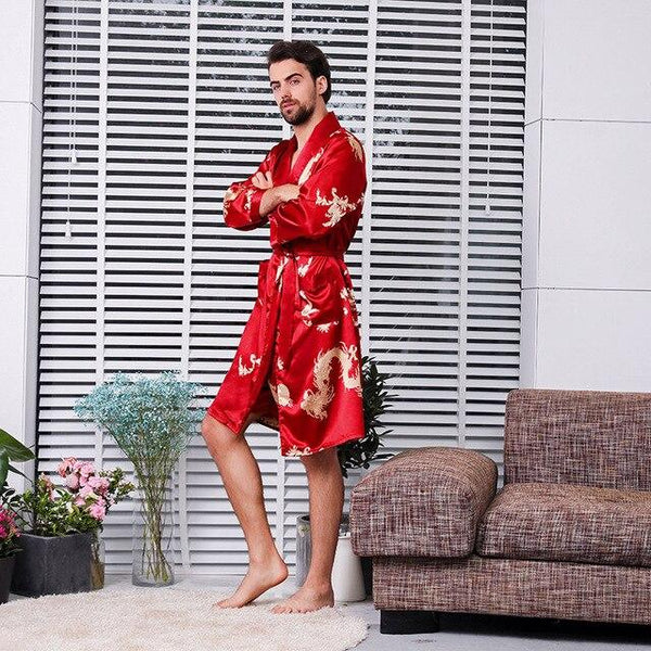Men's Silk Bathrobe and Shorts Big Size 5XL Long-sleeved Robes Men Satin Sleepwear Nightgown Print Dragons Black Pyjama Homme