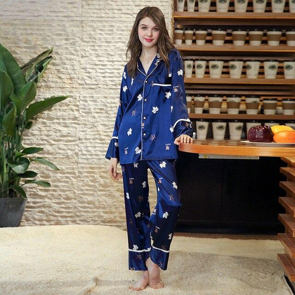 Couple Pajama Sets Emulation Silk Pijamas printing Sleepwear His-and-her Home Suit Pyjama Lover Man Woman Lovers' nightgown