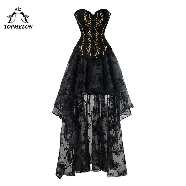 TOPMELON Corset Dress Steampunk Bustier Gothic Women Embroidery Lace Tulle Dress Floral Silky Party Dress Maxi Ball Gown