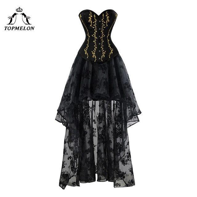 TOPMELON Corset Dress Steampunk Bustier Gothic Women Embroidery Lace Tulle Dress Floral Silky Party Dress Maxi Ball Gown