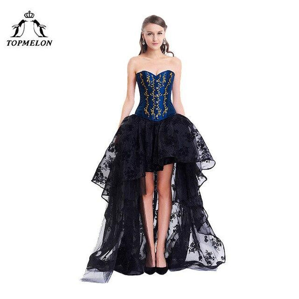 TOPMELON Corset Dress Steampunk Bustier Gothic Women Embroidery Lace Tulle Dress Floral Silky Party Dress Maxi Ball Gown