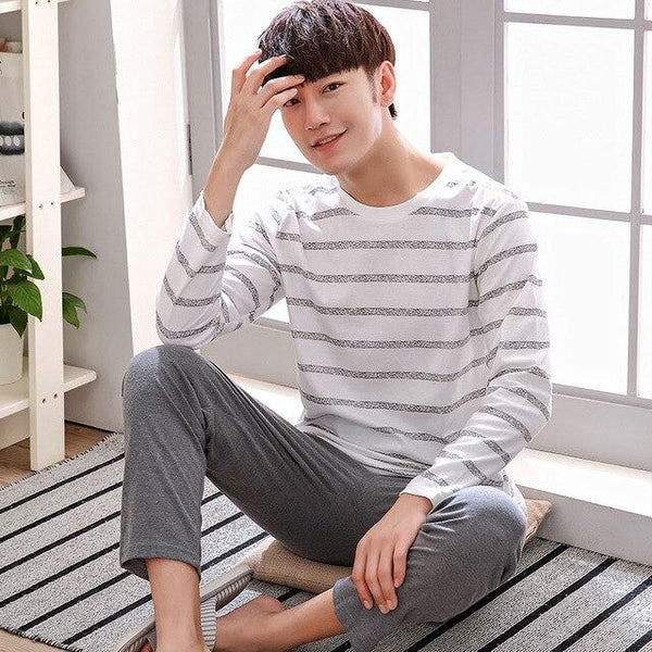 Men Pajama Cotton Gray O-neck Sleepwear Men Long Sleeve Home Clothes Plus Size L-3XL Pijama Male Underwear Set Pyjamas Nightwear