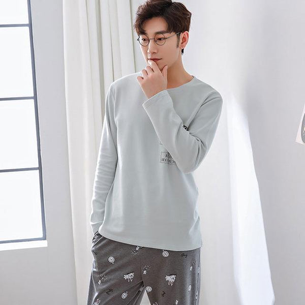 Men Pajama Cotton Gray O-neck Sleepwear Men Long Sleeve Home Clothes Plus Size L-3XL Pijama Male Underwear Set Pyjamas Nightwear
