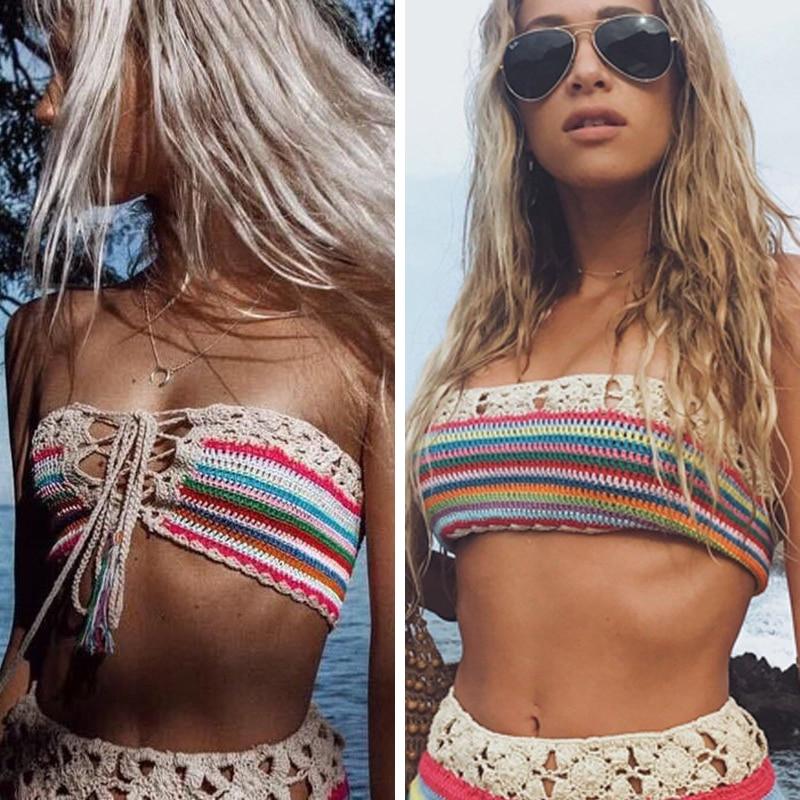 2019 New Crochet Women Rainbow Bandage Bikini Tops Push Up UnPadded Bra Swimwear Sexy Swimsuit Bathing Suit Beachwear Top Hot