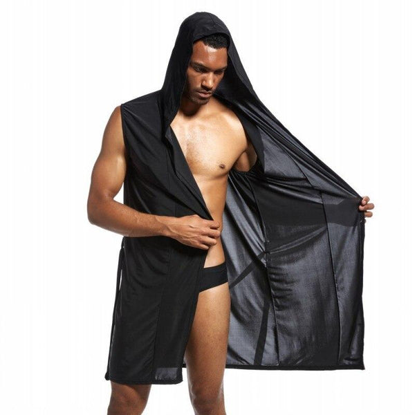 Sexy Men Sleeveless Hooded Silk Robe Gown Male Bathrobe Nightgown Cheap Men's Polyester Robes with Hood (not Include Underwear)