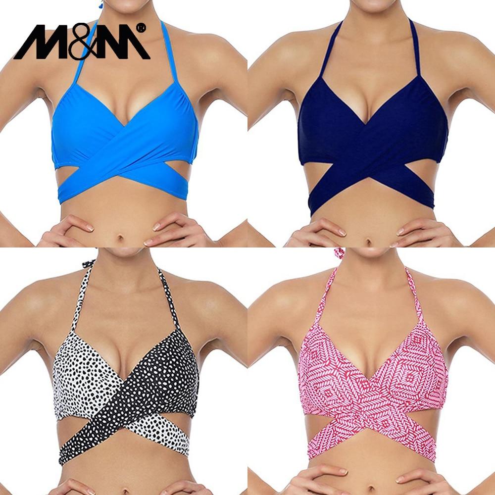M&M Women Chest Cross Bikini Top Print Push Up Brazilian Swimwear Sport Halter Swimsuit Beach Swimming Bra Solid Biquini T608
