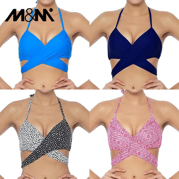 M&M Women Chest Cross Bikini Top Print Push Up Brazilian Swimwear Sport Halter Swimsuit Beach Swimming Bra Solid Biquini T608