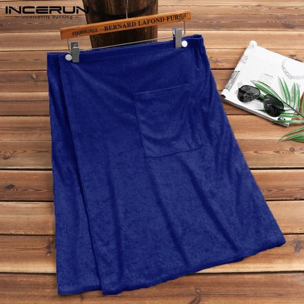 INCERUN Men Soft Bathrobe Comfortable Homewear Solid Color Adult Men Bath Skirt Towel Robes Home Comfy Pockets Bathrobes Hombre