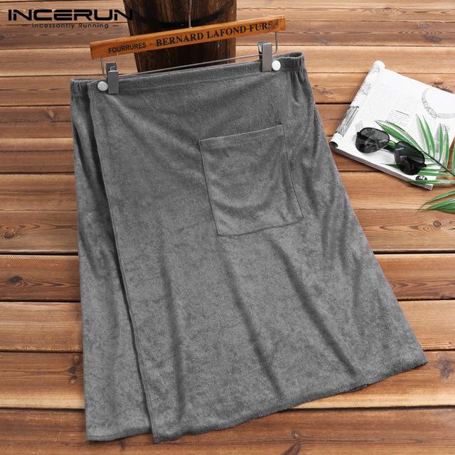 INCERUN Men Soft Bathrobe Comfortable Homewear Solid Color Adult Men Bath Skirt Towel Robes Home Comfy Pockets Bathrobes Hombre