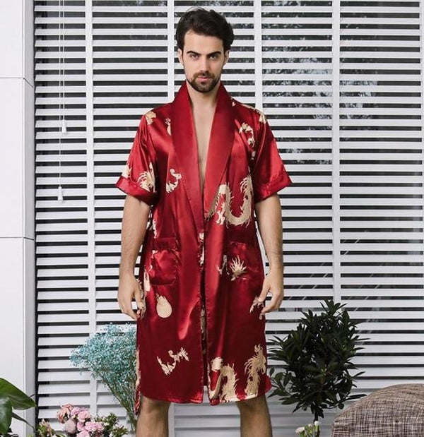 Two-piece Suit Male Silk Dressing Gown Extra large Robe With Dragons Mens Satin Bathrobe Silk Kimono Men 1287