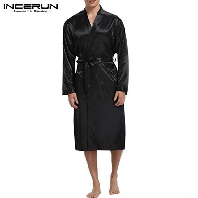 INCERUN Mens Silk Satin Robes Pajamas Long Sleeve Solid Sleepwear Kimono Male Bathrobe Leisure Men Loungewear Dressing Gown 2019