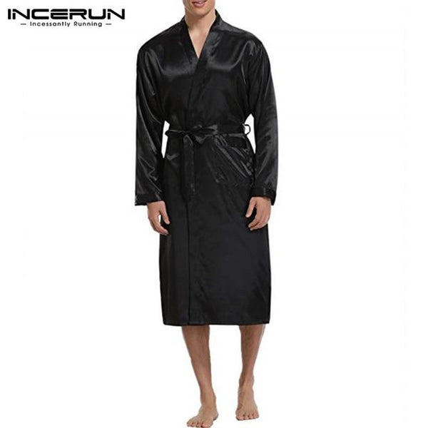 INCERUN Mens Silk Satin Robes Pajamas Long Sleeve Solid Sleepwear Kimono Male Bathrobe Leisure Men Loungewear Dressing Gown 2019