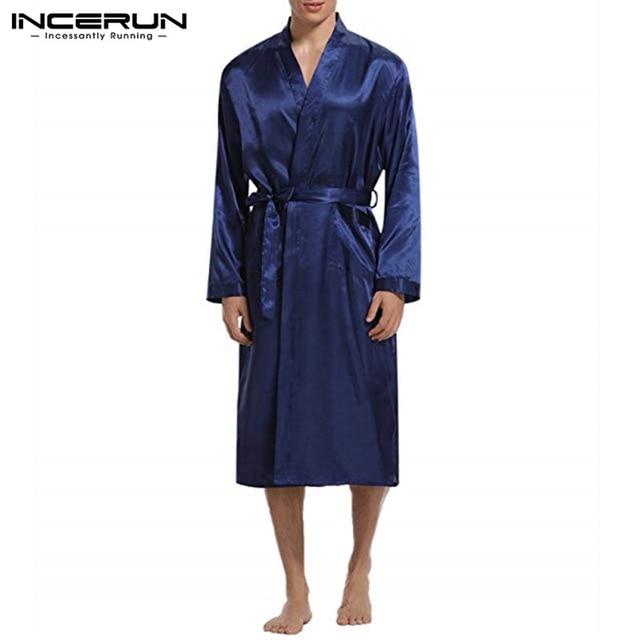 INCERUN Mens Silk Satin Robes Pajamas Long Sleeve Solid Sleepwear Kimono Male Bathrobe Leisure Men Loungewear Dressing Gown 2019