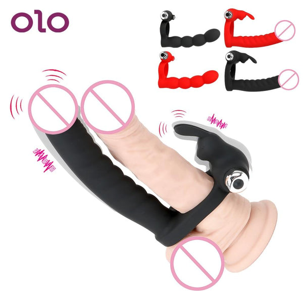 OLO Double Penetration Anal Bead Plug Vibrator Cock Vibrator Ring Strapon Dildo Sex Toys for Men Couple Prostate Massager