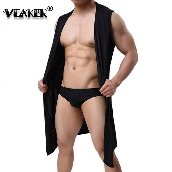 Sexy Summer Ice Silk Gown Men's Bathrobe Men Hooded Robes Homme Solid Bath Robe Club Man Gown Roupao Gay Ice Silk Hooded Pajamas