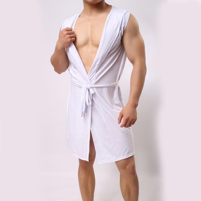 Sexy Summer Ice Silk Gown Men's Bathrobe Men Hooded Robes Homme Solid Bath Robe Club Man Gown Roupao Gay Ice Silk Hooded Pajamas