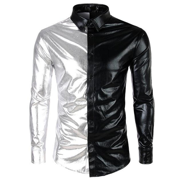 Silver Purple Patchwork Shirt Men 2018 Slim Fit Shiny Metallic Mens Dress Shirts New Night Club Party Prom Tuxedo Chemise Homme
