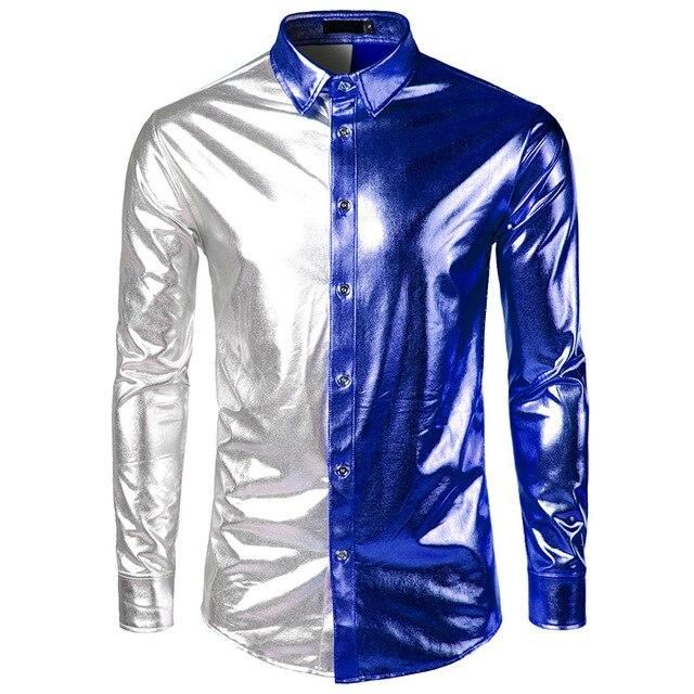 Silver Purple Patchwork Shirt Men 2018 Slim Fit Shiny Metallic Mens Dress Shirts New Night Club Party Prom Tuxedo Chemise Homme