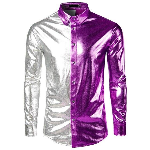 Silver Purple Patchwork Shirt Men 2018 Slim Fit Shiny Metallic Mens Dress Shirts New Night Club Party Prom Tuxedo Chemise Homme