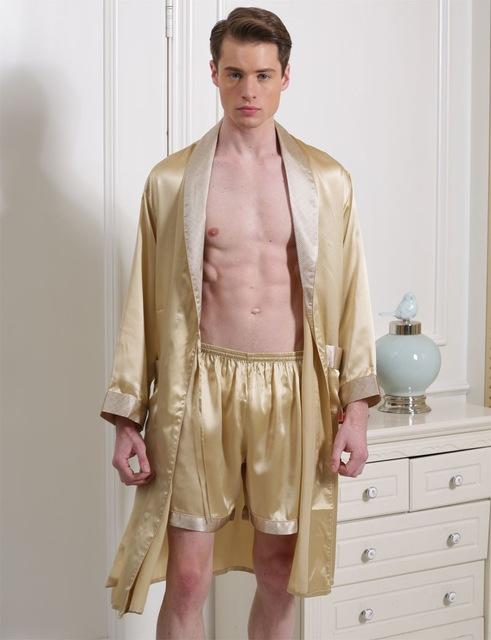 Men Silk Robe 100% Pure Silk Mens Rob Box Briefs Set Sleepwear Nightgown Robes Size L XL XXL