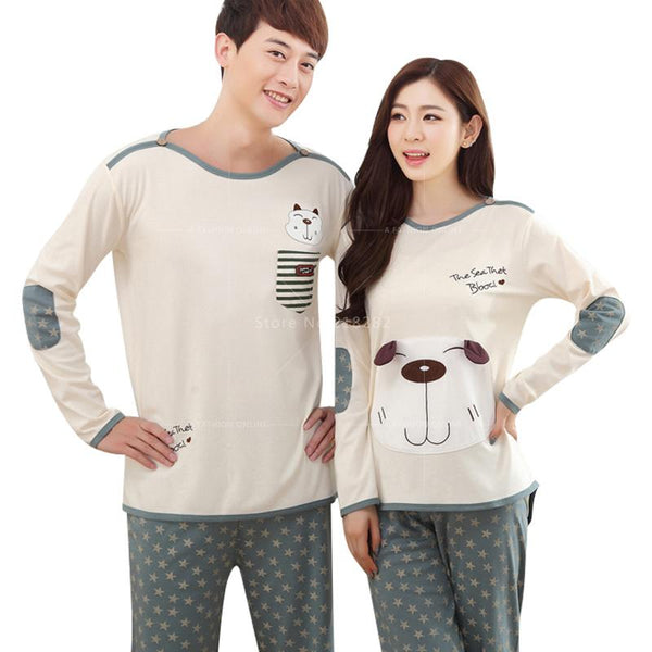 Autumn Long Sleeved Cartoon Dogs Cotton Couple Pajama Sets Women/Men Pyjamas Sleepwears Mujer  Nightgown XXL Home Clothing