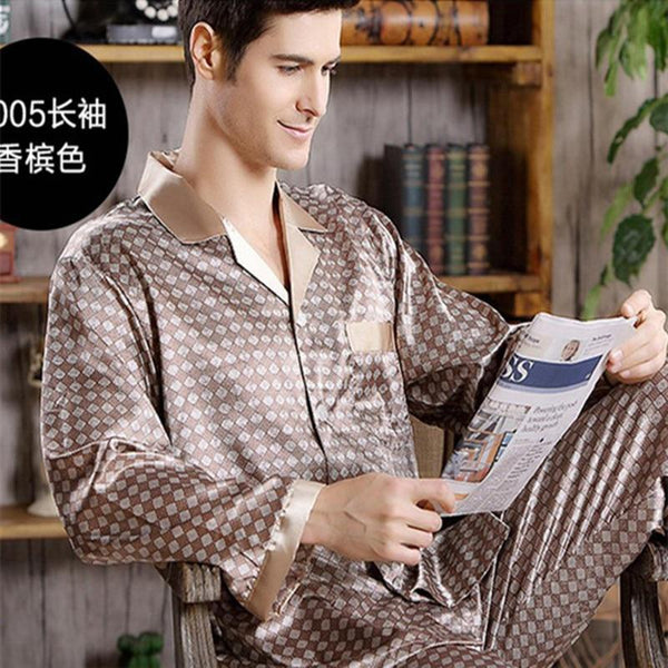 Spring Mens Stain Silk Pajama Set Pajamas Men Sleepwear Modern Style Silk Nightgown Home Male Satin Soft Cozy For Sleeping