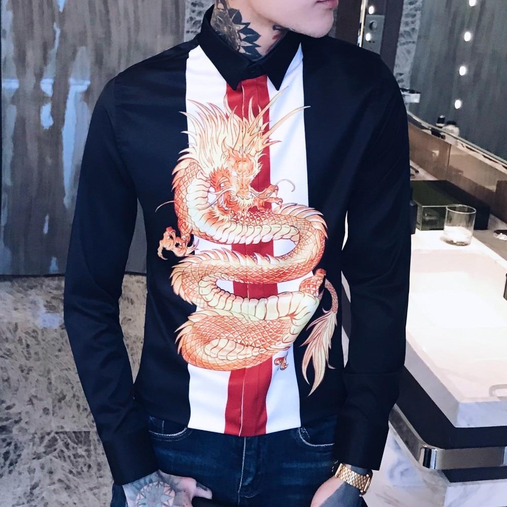 Fashion Dress Camisa Hombre Slim Fit Shirt Men Streetwear Dragon Print Men Shirt Camisas Hombre Luxury Spliced Night Club Tuxedo