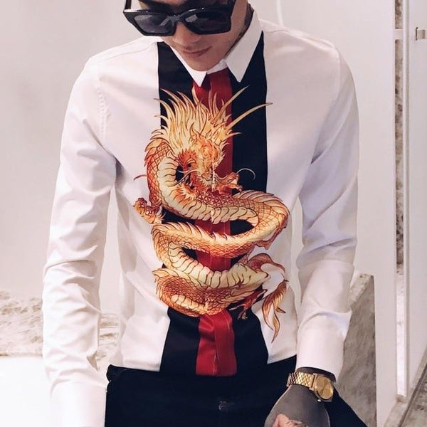 Fashion Dress Camisa Hombre Slim Fit Shirt Men Streetwear Dragon Print Men Shirt Camisas Hombre Luxury Spliced Night Club Tuxedo