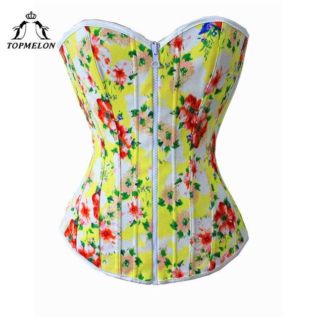 TOPMELON Cotton Corset Retro Elegant Floral Top Bustier  Overbust Sleeveless Corsets Sexy Style Zipper Closure Women Tops