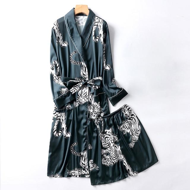 Two-Pieces Silk Nightgown Satin male Sleepwear Loose Animal Silky Long Sleeve Robe and Long Pants bathrobe set for Men