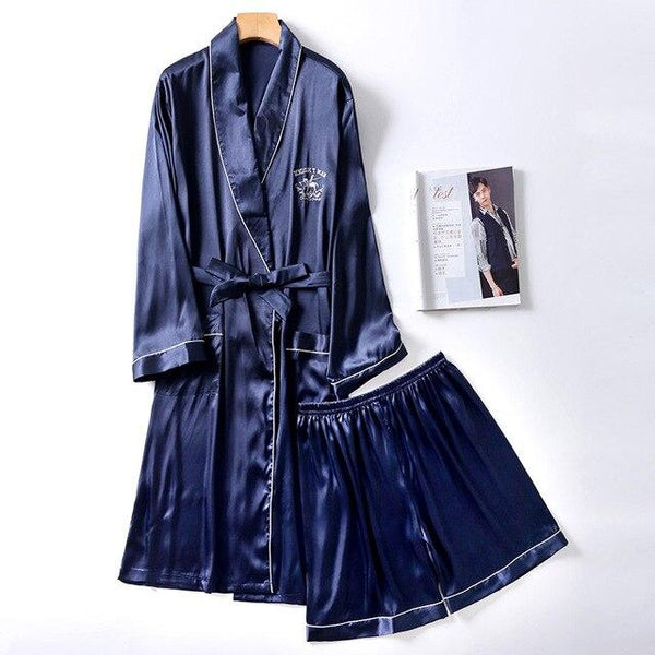 Two-Pieces Silk Nightgown Satin male Sleepwear Loose Animal Silky Long Sleeve Robe and Long Pants bathrobe set for Men