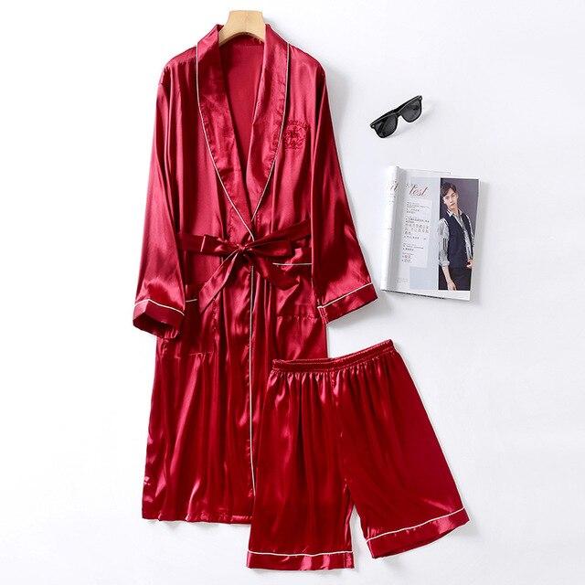 Two-Pieces Silk Nightgown Satin male Sleepwear Loose Animal Silky Long Sleeve Robe and Long Pants bathrobe set for Men