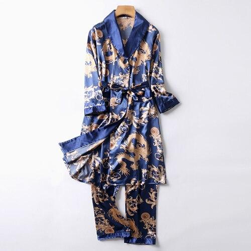 Two-Pieces Silk Nightgown Satin male Sleepwear Loose Animal Silky Long Sleeve Robe and Long Pants bathrobe set for Men