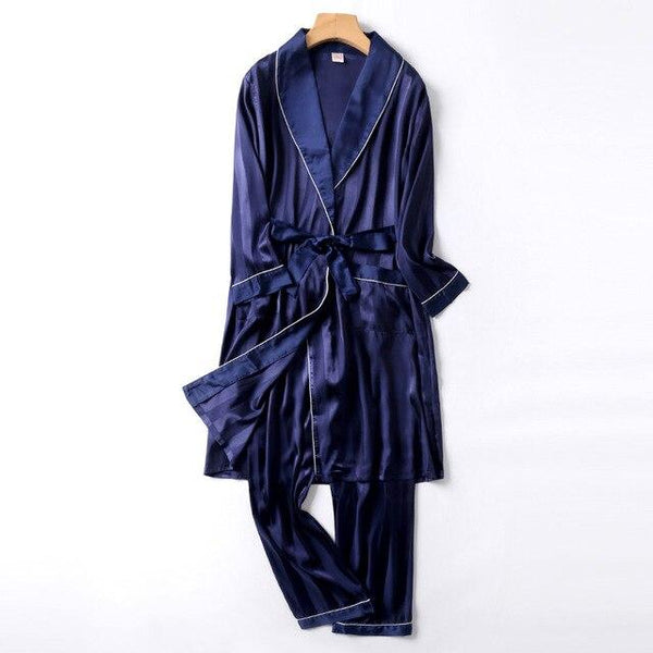 Two-Pieces Silk Nightgown Satin male Sleepwear Loose Animal Silky Long Sleeve Robe and Long Pants bathrobe set for Men