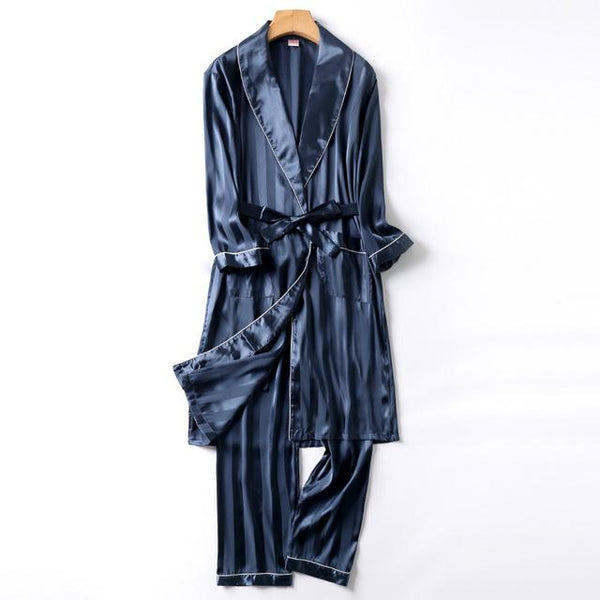 Two-Pieces Silk Nightgown Satin male Sleepwear Loose Animal Silky Long Sleeve Robe and Long Pants bathrobe set for Men