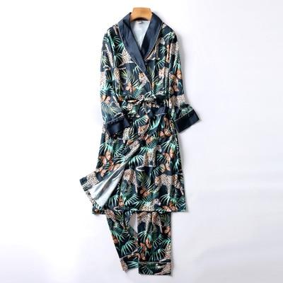 Two-Pieces Silk Nightgown Satin male Sleepwear Loose Animal Silky Long Sleeve Robe and Long Pants bathrobe set for Men