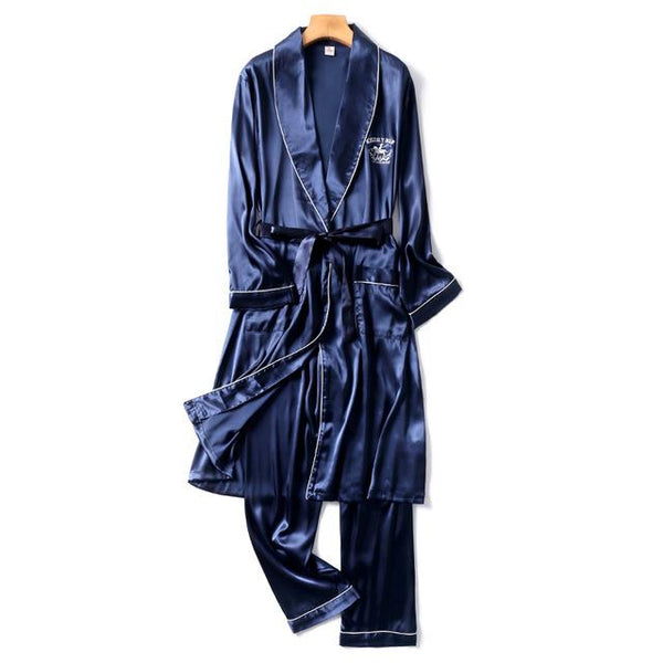 Two-Pieces Silk Nightgown Satin male Sleepwear Loose Animal Silky Long Sleeve Robe and Long Pants bathrobe set for Men