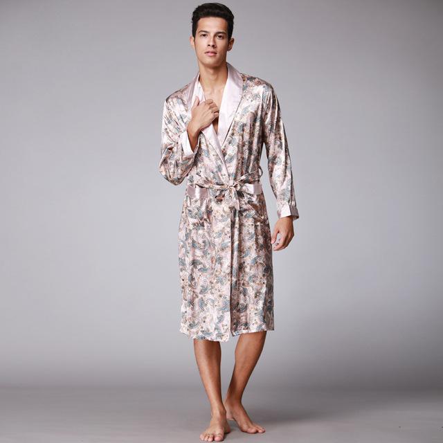 2018 New Men Robes Sexy Bathrobe Long Sleeve Nightdwear Print Silk-like Night-robe Male Woven Nightgown Homewear Big Yard L-XXL