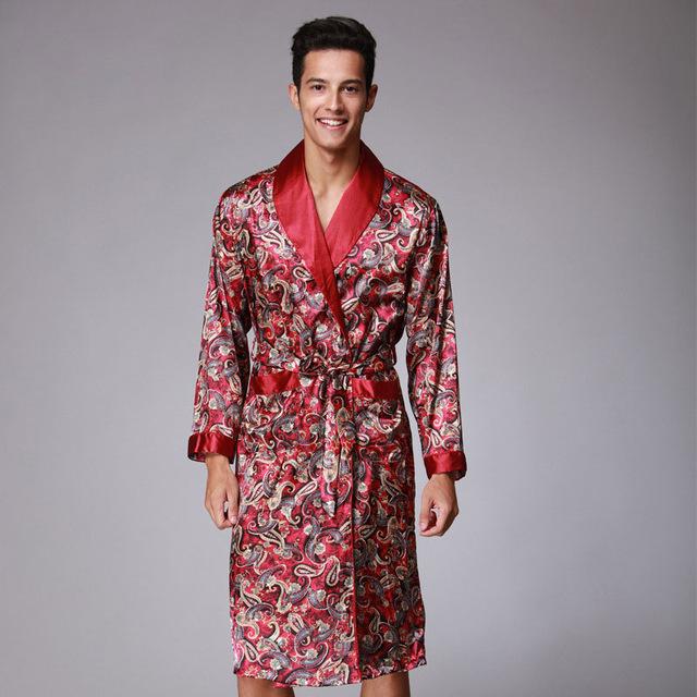2018 New Men Robes Sexy Bathrobe Long Sleeve Nightdwear Print Silk-like Night-robe Male Woven Nightgown Homewear Big Yard L-XXL