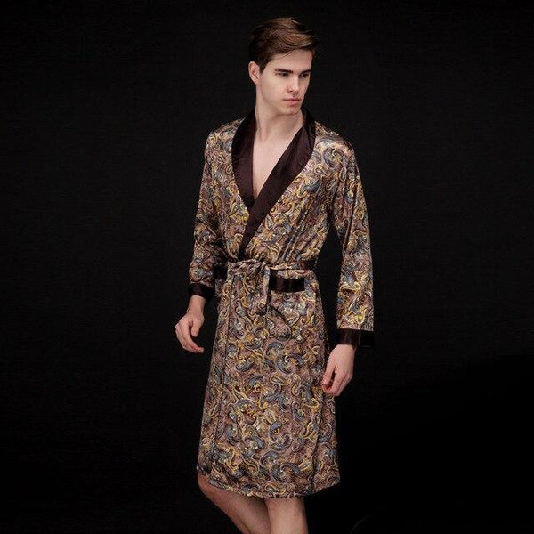 2018 New Men Robes Sexy Bathrobe Long Sleeve Nightdwear Print Silk-like Night-robe Male Woven Nightgown Homewear Big Yard L-XXL