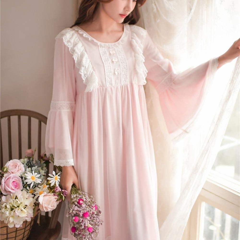 2019 New Arrival Delicate White Lace Vintage Women's Nightgowns Modal Elegant Nightwear wear Princess Long Night Dress  8165