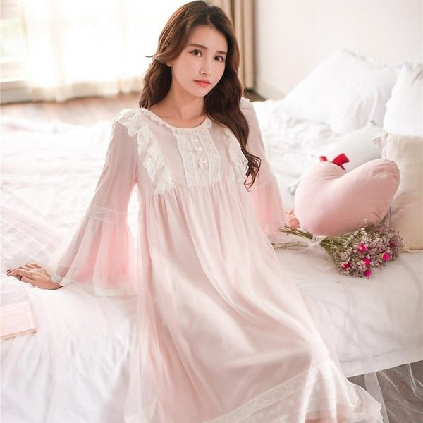 2019 New Arrival Delicate White Lace Vintage Women's Nightgowns Modal Elegant Nightwear wear Princess Long Night Dress  8165